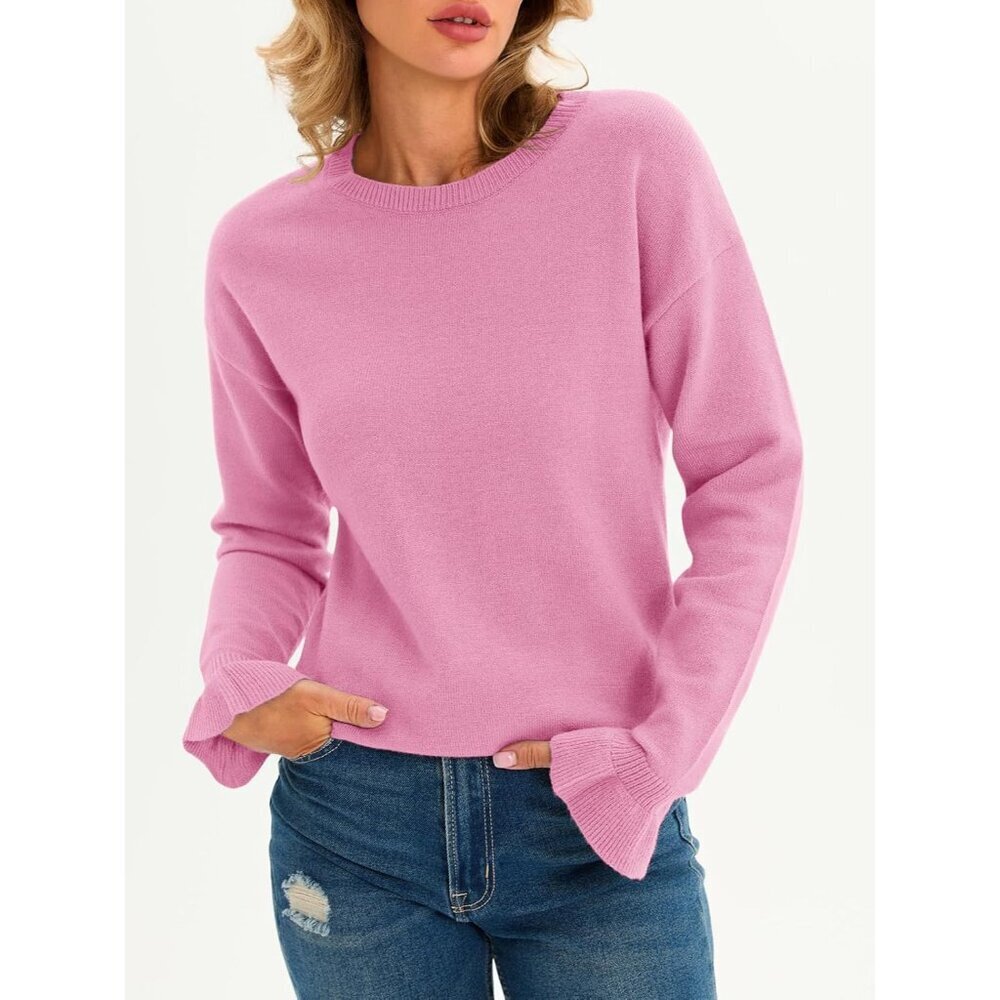 Womens Fall Lightweight Knit Crew Neck Sweater Ruffle Long Sleeve Casual Top - Picture 3 of 6